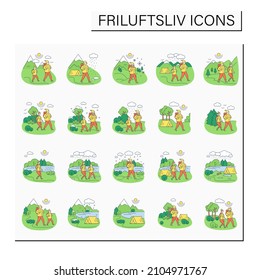 Friluftsliv color icons. Family hiking. Green, eco tourism. Adventure tourism. Nature landscape. Nordic outdoor activities concept.Isolated vector illustrations