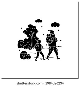 Friluftsliv glyph icon. Family hiking. Dad and son walking in snow. Park landscape.Nordic outdoor activities concept.Filled flat sign. Isolated silhouette vector illustration