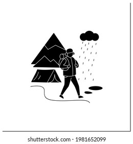 Friluftsliv glyph icon. Hiking. Snowy weather. Man walking. Mountain winter landscape.Nordic outdoor activities concept.Filled flat sign. Isolated silhouette vector illustration