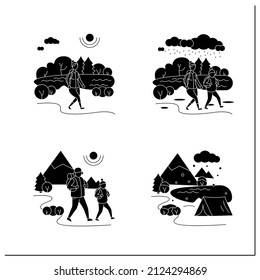 Friluftsliv glyph icons set. Family hiking. Green, eco tourism. Adventure tourism. Nature landscape. Nordic outdoor activities concept.Filled flat signs. Isolated silhouette vector illustrations 