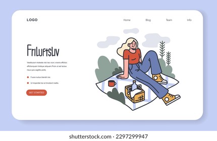 Friluftsliv and Hygge web banner or landing page. Norwegian outdoor life. Character spending their time in nature. Scandinavian lifestyle approach. Body and mind balance. Flat vector illustration