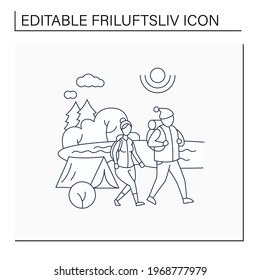 Friluftsliv line icon. Family hiking. Man and woman walking near river. Camping. Nice weather. Nature landscape. Nordic outdoor activities concept.Isolated vector illustration.Editable stroke