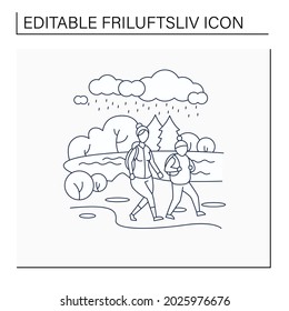 Friluftsliv line icon. Family hiking. Mom and son walking near river. Park landscape.Nordic outdoor activities concept.Isolated vector illustration.Editable stroke