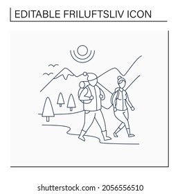 Friluftsliv line icon. Family hiking. Man and woman walking. Nice weather. Mountain landscape.Nordic outdoor activities concept.Isolated vector illustration.Editable stroke
