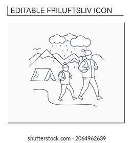 Friluftsliv Line Icon. Family Hiking. Dad And Son Walking In The Rain. Camping. Mountain Landscape.Nordic Outdoor Activities Concept.Isolated Vector Illustration.Editable Stroke