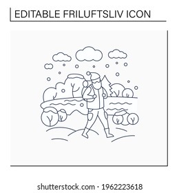 Friluftsliv line icon. Hiking. Man walking near river. Snowy weather. Nature landscape.Camping. Nordic outdoor activities concept.Isolated vector illustration.Editable stroke