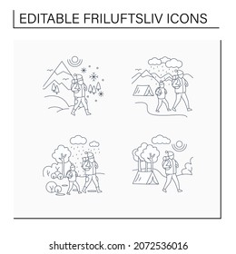 Friluftsliv line icons. Family hiking. Green, eco tourism. Adventure tourism. Nature landscape. Nordic outdoor activities concept.Isolated vector illustrations.Editable stroke