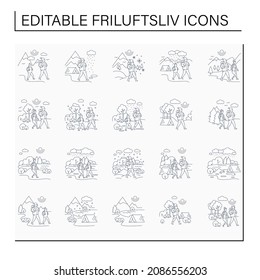 Friluftsliv line icons. Family hiking. Green, eco tourism. Adventure tourism. Nature landscape. Nordic outdoor activities concept.Isolated vector illustrations.Editable stroke