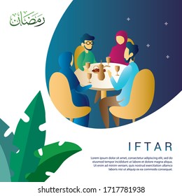 frinds eating iftar together. family and friends having iftar together. Arabic text Ramadan means month of fasting for muslim. Iftar Ramadan activity character concept poster background design