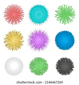 Fringe ball. Textile pompon, furry balls ans spherical decoration ornament made of thread isolated vector set of ball fringe tassel illustration