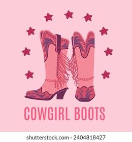 Fringe cowgirl boots in stars circle poster. A pair of cowboy western aesthetic women's footwear. Hand drawn vector illustration design for print, card.