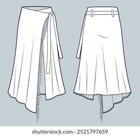 Fringe Skirt technical fashion illustration. Asymmetric Wrap Skirt fashion flat technical drawing template, midi length, bias, A line, front and back view, white, women CAD mockup.