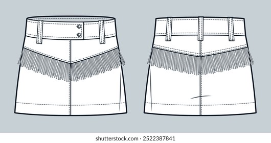 Fringe saia ilustração de moda técnica. Modelo de desenho técnico plano de moda mini saia Denim, frente e vista traseira, branco, mulheres CAD mockup.