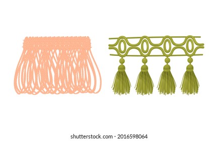 Fringe Trim and Tassel for Fabric and Clothing Decoration with Braided Cord and Yarn Skirt Vector Set