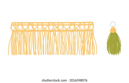 Fringe Trim and Tassel for Fabric and Clothing Decoration with Braided Cord and Yarn Skirt Vector Set