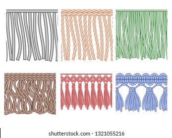 Fringe trim. Textile fringes, raw cloth edge and fashion garment frills. Seamless ruffles fiber, ruffle sewing polyester fiber. Isolated vector patterns icons set