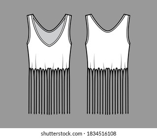 Fringed cotton-jersey camisole technical fashion illustration with deep V-neck, sleeveless, above-the-knee length, oversized. Flat template front, back, white color. Women, men unisex top CAD mockup