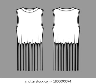 Fringed cotton-jersey top technical fashion illustration with scoop neck, sleeveless, above-the-knee length, oversized. Flat apparel template front, back, white color. Women, men unisex top CAD mockup