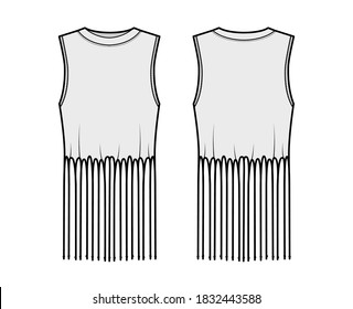 Fringed cotton-jersey top technical fashion illustration with scoop neck, sleeveless, above-the-knee length, oversized. Flat apparel template front, back, grey color. Women, men unisex top CAD mockup