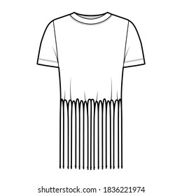 Fringed cotton-jersey top technical fashion illustration with scoop neck, short sleeves, above-the-knee length, oversized. Flat apparel template front, white color. Women, men unisex top CAD mockup