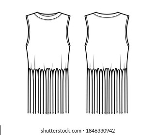 Fringed cotton-jersey top technical fashion illustration with scoop neck, sleeveless, above-the-knee length, oversized. Flat apparel template front, back, white color. Women, men unisex top CAD mockup