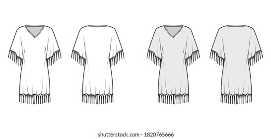 Fringed kaftan dress technical fashion illustration with deep V-neck, batwing elbow sleeves, above-the-knee length oversized. Flat template front back white grey color. Women men unisex top CAD mockup