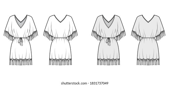 Fringed kaftan dress technical fashion illustration with deep V-neck, belted gathered, batwing elbow sleeves, above-the-knee length. Flat template front back white grey color. Women men unisex top