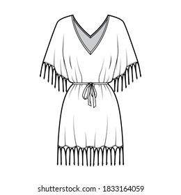 Fringed kaftan dress technical fashion illustration with deep V-neck, belted gathered, batwing elbow sleeves, above-the-knee length, oversized. Flat template front white color. Women men unisex top