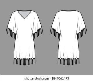 Fringed kaftan dress technical fashion illustration with deep V-neck, batwing elbow sleeves, above-the-knee length, oversized. Flat template front back white color. Women men unisex top CAD mockup