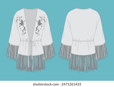 Chaqueta kimono con flecos Vector: Plantilla plana de moda para mujer con flecos Detalles Diseño , Diseño plano, Vector 