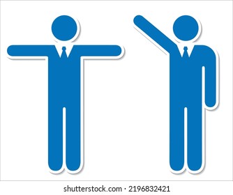 Icono de trabajador de oficina, manos arriba, ay.
