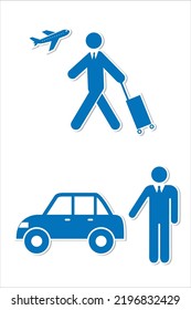 Fringed office worker icon, pictogram. Overseas business trip, car.
