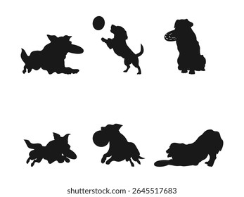 Frisbee dog silhouette, Frisbee dog catching silhouette. Vector black silhouette of a jumping Dog and a Frisbee. Playful Dog Silhouettes Engaging in Fun Activities.