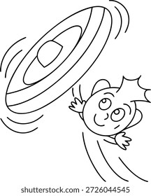 Frisbee Fun: A Simple Illustration of a Boy Catching a Spinning Disc with Motion Lines