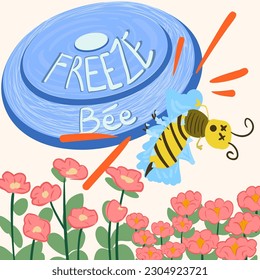 Frisbee hit the bee on funny humor joke meme expression. Flat vector illustration Hand drawn Clip Art