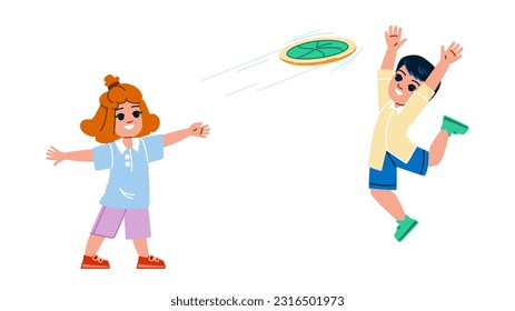 frisbee kid vector. park game, boy family, grass camp, throw outside, children day frisbee kid character. people flat cartoon illustration