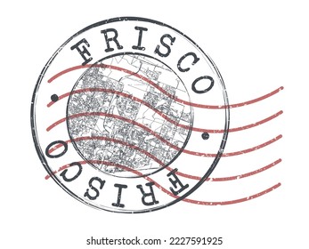 Frisco, TX, USA Stamp Karte Postal. Silhouette Seal Roads und Straßen. Passport Round Design. Vektorsymbol. Design Retro Travel National Symbol.