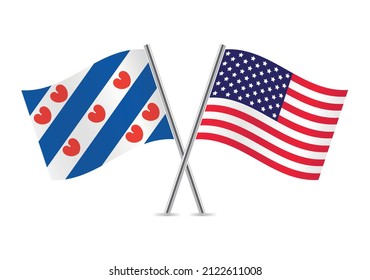 Frisian and American crossed flags. Friesland and America, isolated on white background. Vector icon set. Vector illustration.