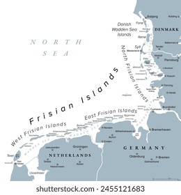 Frisian Islands, gray political map. Wadden Sea Islands, archipelago at North Sea in Europe, stretching from Netherlands through Germany to Denmark. The islands shield the Wadden Sea mudflat region.