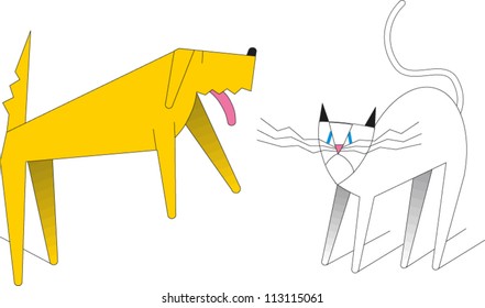 Frisky dog with tongue hanging out leaps while tentative cat with snarly whiskers observes