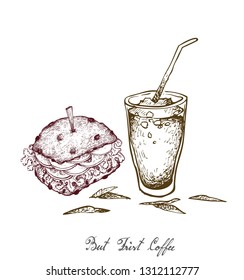 But Frist Coffee, Illustration Hand Drawn Sketch of Delicious Pork Burgery with Lettuce, Tomato, Onions and Cheese on Wheat Buns and Iced Coffee or Iced Tea.
