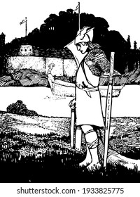 Frithof, diese Szene zeigt einen Mann, der auf der Küste steht und Schwert in einer Hand hält, Schiff und Wasser auf dem Hintergrund, Vintage-Linie Zeichnung oder Gravitation Illustration