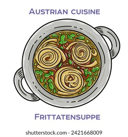 Frittatensuppe is a classic Austrian soup made with a clear broth, thin pancake strips and garnished with chives