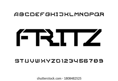 Schriftart des Fritz-Alphabets. Splitter Schablonenbuchstaben und -ziffern. Stock-Vektorgrafik für Ihr Typografie-Design.