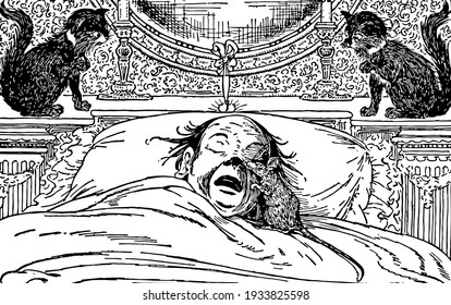 Fritz, this scene shows a man sleeping on his bed and two cats standing on bed, and rat doing something on man face, vintage line drawing or engraving illustration