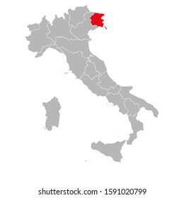 Friuli venezia giulia marked red on italy map. Gray background. Italian political map.