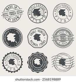 Friuli-Venezia Giulia, Italy Set of Stamps. Country Travel Marks. Made In Product. Design Seals Old Style Insignia.