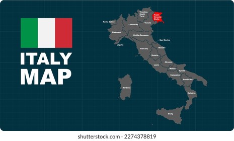 Friull-Venezia Giulia Map, Friull-Venezia Giulia red highlighted in Italy map, flat design illustration vector