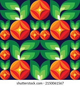 Friuts garden background design. Abstract geometric vector seamless pattern. Green nature graphic banner. Organic foods concept wallpaper. Ornament decorative mosaic. 