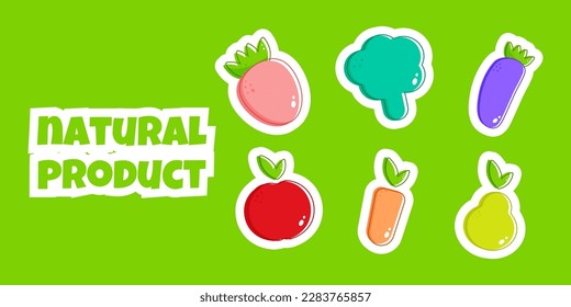 Friuts, vegetables, straberry vegetarion food. Icon on colorful backdrop. Isolated background. Vegetarian food. Healthy vegan food. Vector illustration